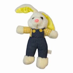Vintage White Bunny Plush Rabbit Stuffed Animal Overall Blue Outfit Yellow 8"